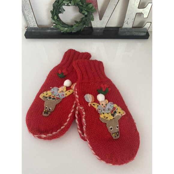 Vintage 50-60s Red Wool Mittens Kids 2T Circus Clown Theme Beads Applique‎ Japan - Picture 1 of 16